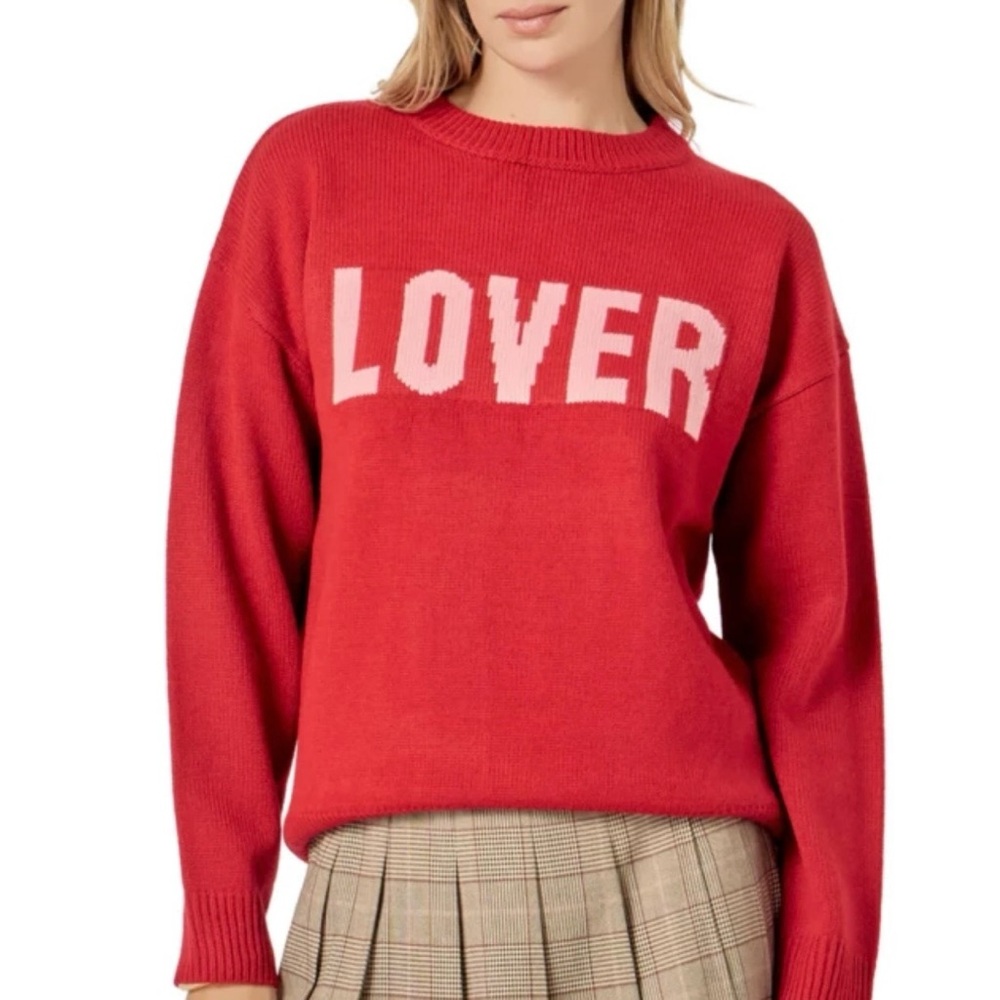 English Factory Red Crewneck Sweater with Pink 'LOVER' Lettering